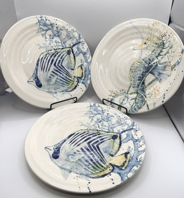 Pier 1 Imports Sea Life 3 Plates 8-7/8   Ironstone 2 Fish & 1 Seahorse READ