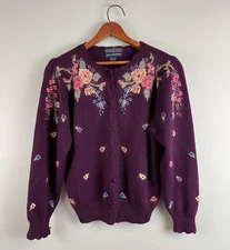 Vintage Herman Geist Med Purple Knit Cardigan Floral Embroidery Hand Knit Plum