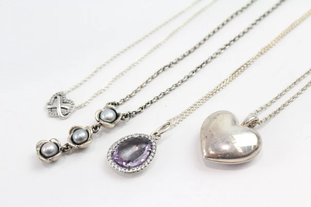 07 Pandora Sterling Silver Necklaces Heart Locket Stone Set x 4 (36g)