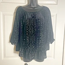 Style Co Shirt Women Medium Black Velvet Burnout Floral Whimsigoth 3/4 Sleeves