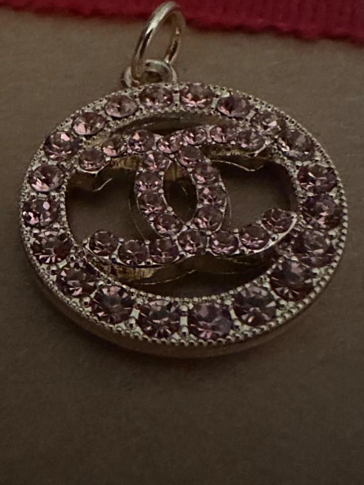 Pink Chanel metal stamped charm lightweight, pretty, pink crystals, cc logo, - Image 3 of 4
