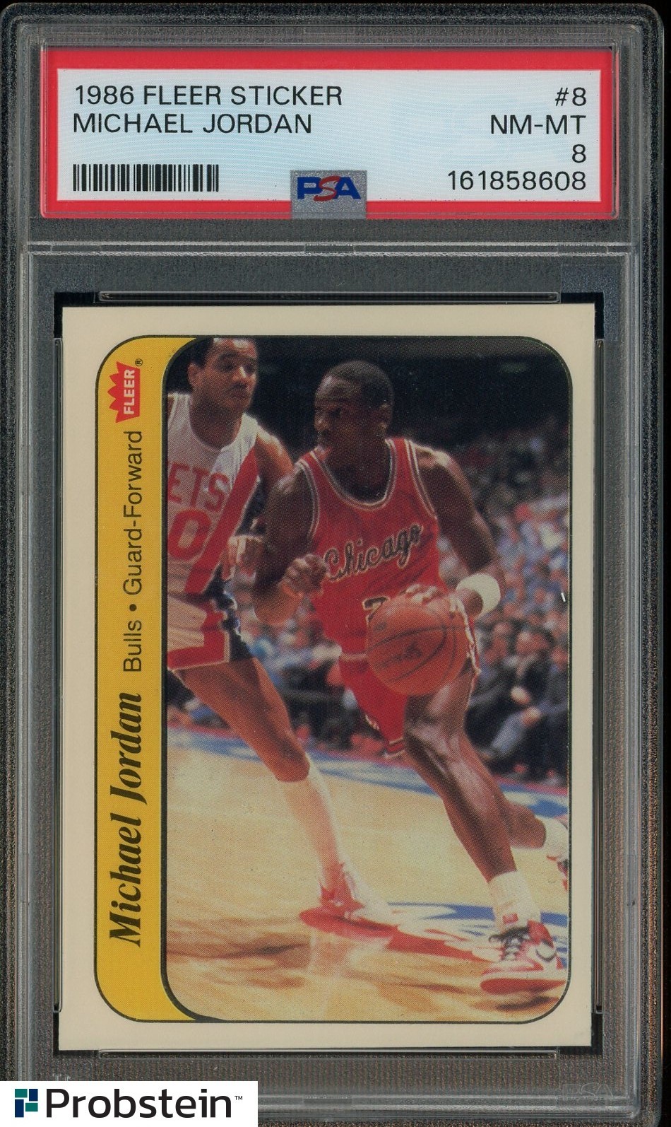 1986-87 Fleer Sticker Basketball #8 Michael Jordan RC Rookie HOF PSA 8 NM-MT view 1