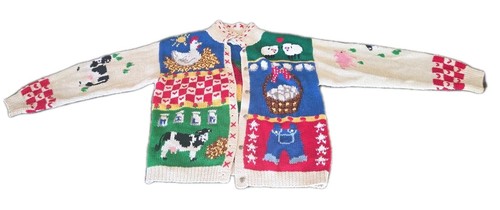 Vtg The Eagle's Eye Cardigan Cardigan M Cows Farm Chicken Sheep Hand Knit EUC