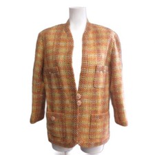 Chanel Vintage Tweed Chain Cashmere No-Collar Jacket Size 38 Orange