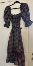 AURA Puff Elbow Sleeve Smocked Midi Dress Size XS with Pockets Plaid