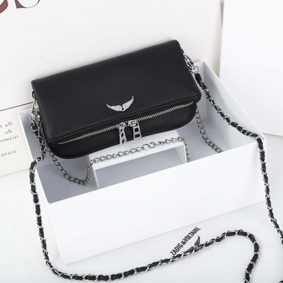 Zadig & Voltaire Black Leather Bag Silvery Dual Chain Strap Crossbody 21x13cm