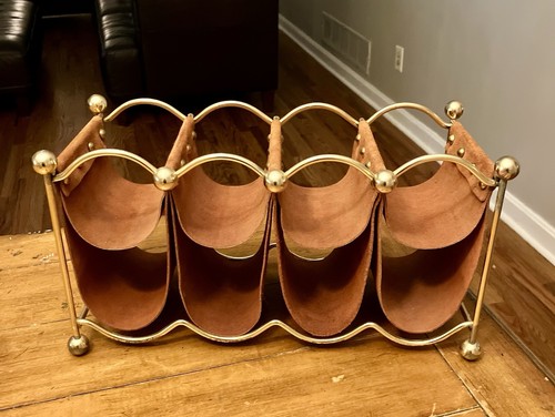 RARE vintage Arthur Umanoff Style Suede Brass Wine Rack MCM 8 Bottle Holder