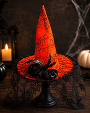 Orange Black Halloween Witch Hat Headpiece w/ Lace Spiderweb Veil, One Size