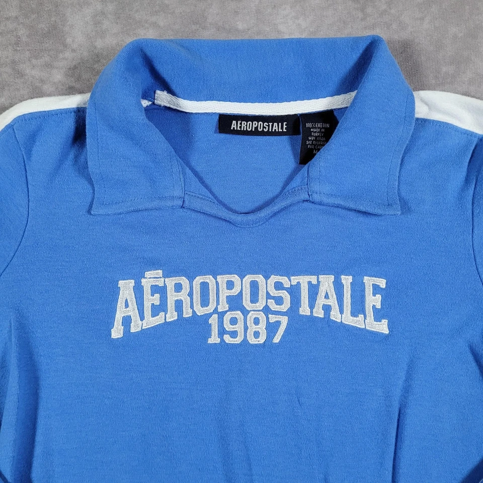 Y2K Aeropostale Shirt Womens Medium Blue Long Sleeve Racing Stripe Embroidered - Image 2 of 4