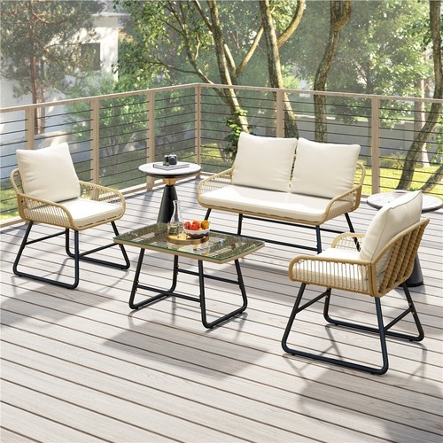 4-Piece Patio Furniture Set, Boho Loveseat & Armchairs, Glass Table, 2 Chairs - Picture 12 of 22