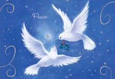 Two Doves on Blue Peace Designer Greetings Christmas Card