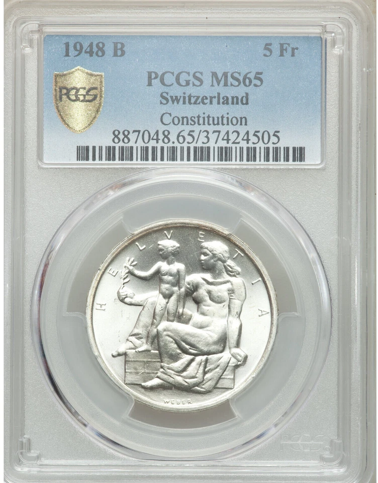 1948 B Switzerland 5 Francs Silver Coin Constitution Centennial MS 65 PCGS - Image 3 of 4