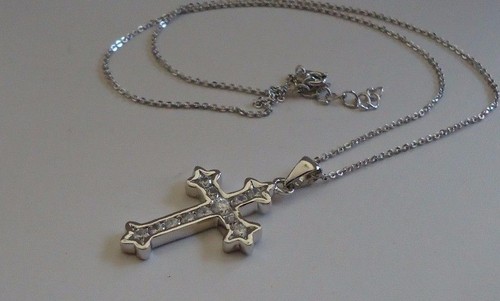 CROSS NECKLACE PENDANT 1 CT LAB CREATED DIAMONDS / 925 STERLING SILVER / 17'' - Picture 3 of 7