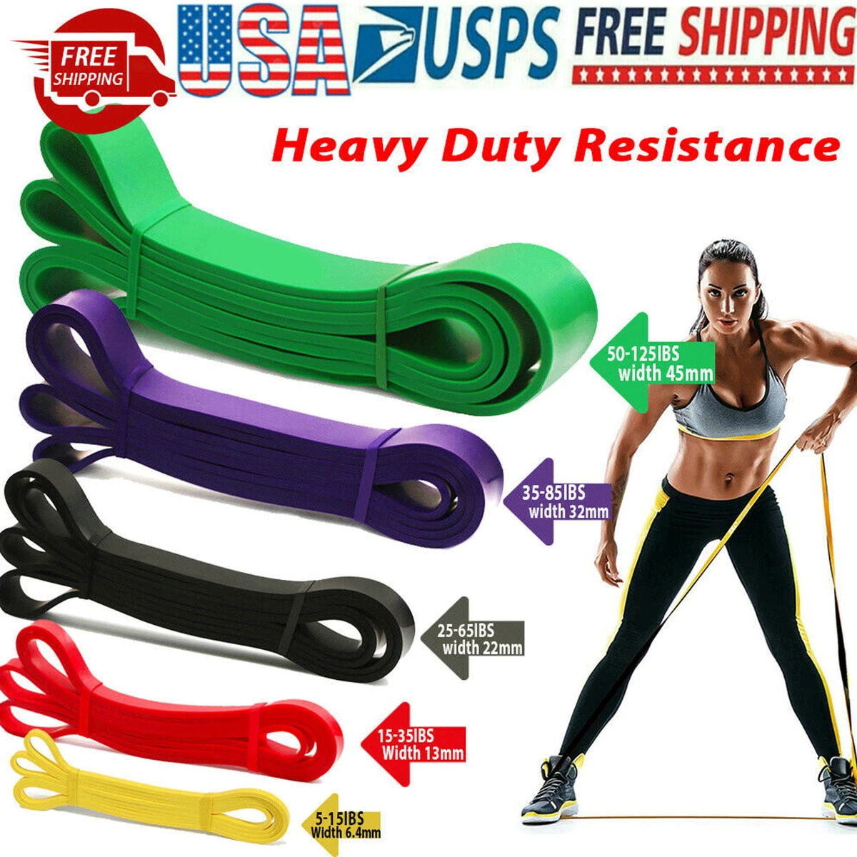 Set of 5 Exercise Fitness Workout Band Gym Heavy Duty Resistance
