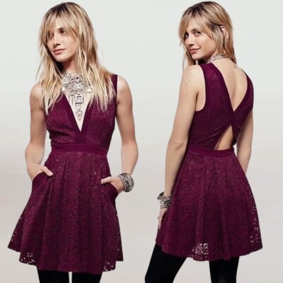 Free People Womens Lovely In Love Lace Cut-Out Cocktail Dress Purple M