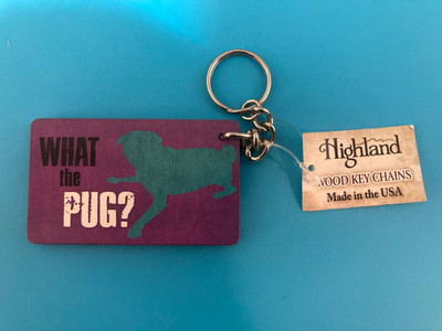 Vintage Old What The Pug Highland Wooden Keychain Keyring