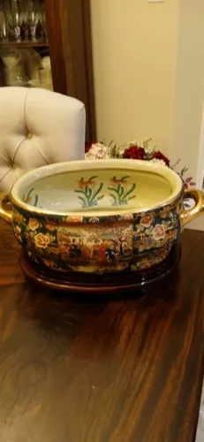 Chinese Porcelain Foot Bath / Planter / Jardinière With Wood Base - Gold Fish