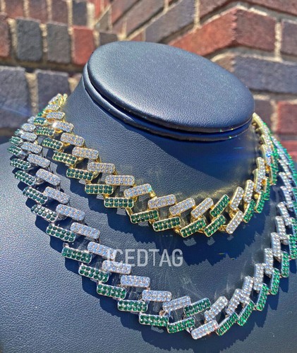 CATENA COLLANA COLORATA GLAD BLING-ED OUT MIAMI CHOKER LINK CUBANO HIP HOP VERDE - Foto 3 di 11