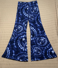 TieDye Bell Bottom Pant Women Blue Stretchy Flare Wide Leg Disco High Waist Soft