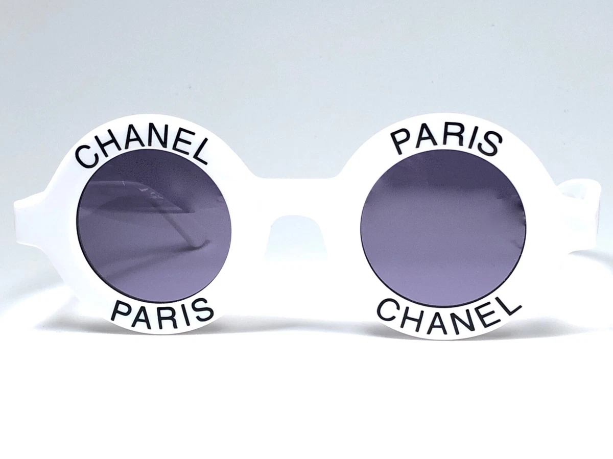 VINTAGE RARE CHANEL ROUND WHITE BLACK LETTERS FRAME SUNGLASSES ITALY 1990 S