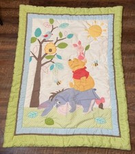 Vintage DISNEY BABY WINNIE THE POOH GREEN CRIB QUILT - POOH, PIGLET, EEYORE