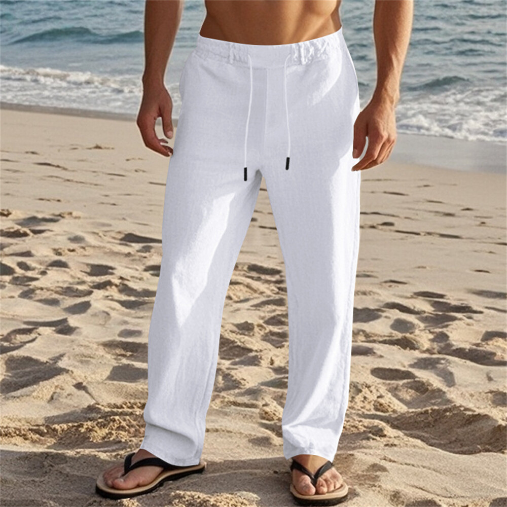 Men's Athletic Running Sweatpants - Faux Linen Straight Fit Beach Trousers