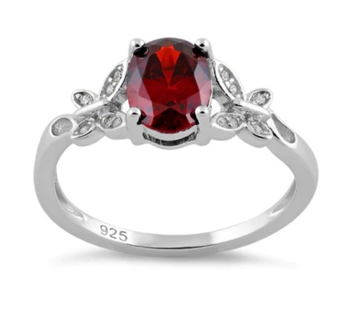 Sterling Silver Double Butterfly Ring Oval Garnet Red Stone CZ Signed 925 - Picture 1 of 7