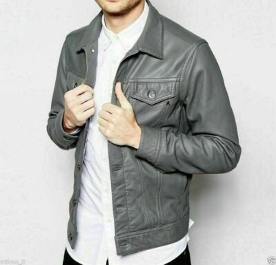 Men's Genuine Lambskin Leather Biker Soft Decent Gray Motorcycle New Jacket Fit