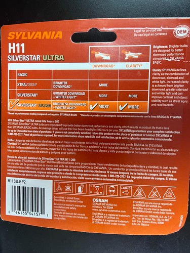 Sylvania H11 SilverStar ULTRA High Performance Headlight Pair Set 2 Bulbs 1571OB - Picture 2 of 3