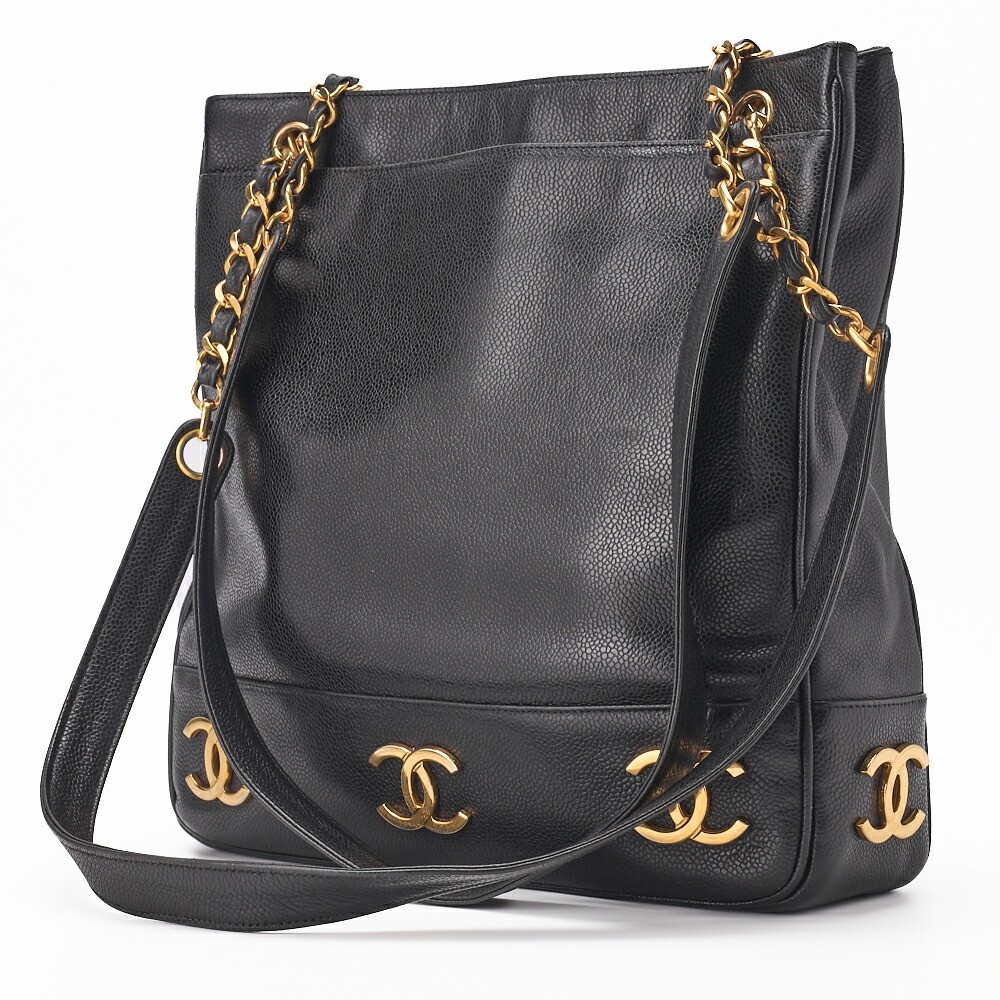 Chanel Black Gold Coco Double Chain Shoulder Tote Bag-image