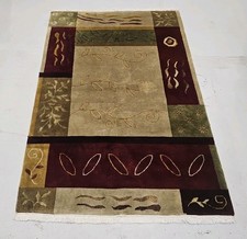 Modern Hand-knotted Tibetan Nepal Wool & Silk Rug Abstract Green Burgundy Gold