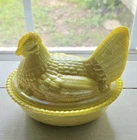 Yellow Carnival Glass Depression Style Hen on Nest Chicken Candy Dish, Vintage