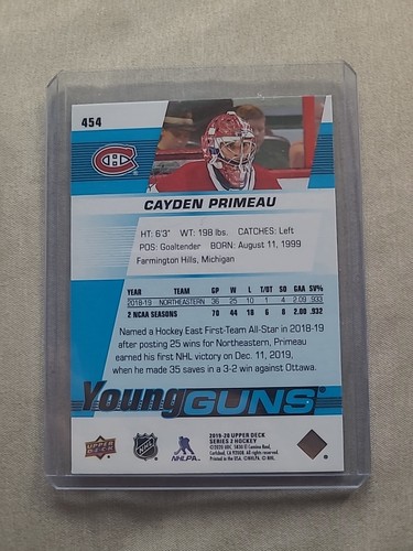 Cayden Primeau 2019-20 Upper Deck Young Guns Rookie #454 Montreal Canadiens - Bild 2 von 2