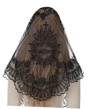Church Veil Triangular Mantilla - Cross Chalice Embroidered Vintage Black 6