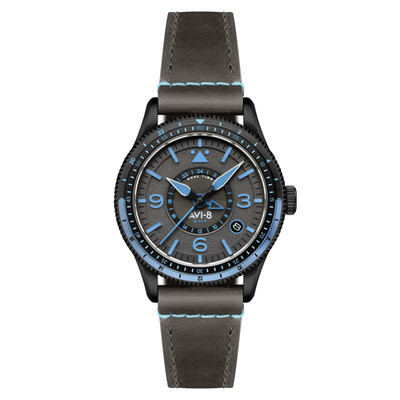 FLYBOY AIRMASTER GMT AUTOMATIC Grey / Leather | Grey Dial Wristwatch AV-4128-05