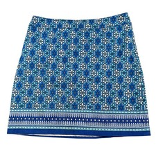 Talbots Blue Geometric Medallion Print A-Line Mini Skirt Size 8 Cotton Blend