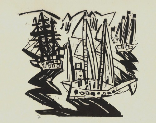 Lyonel Feininger - three sailing ships - woodcut 1919