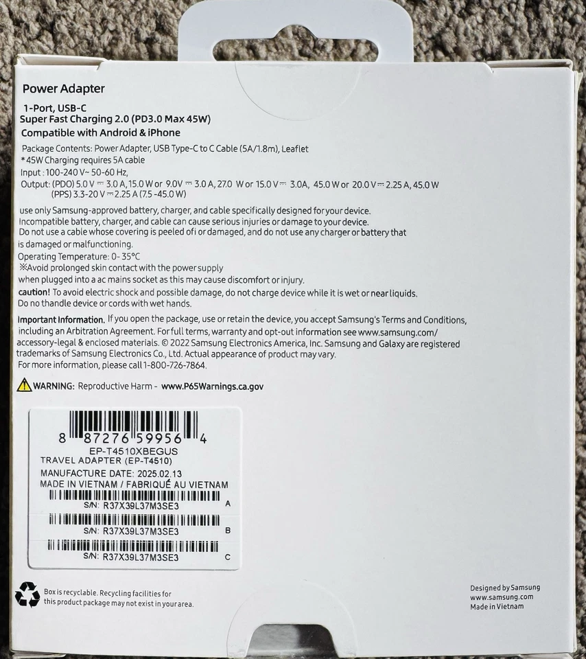 Cargador de pared Samsung OEM 45W USB-C carga súper rápida para Galaxy S23/24 Ultra Foto 3 de 3