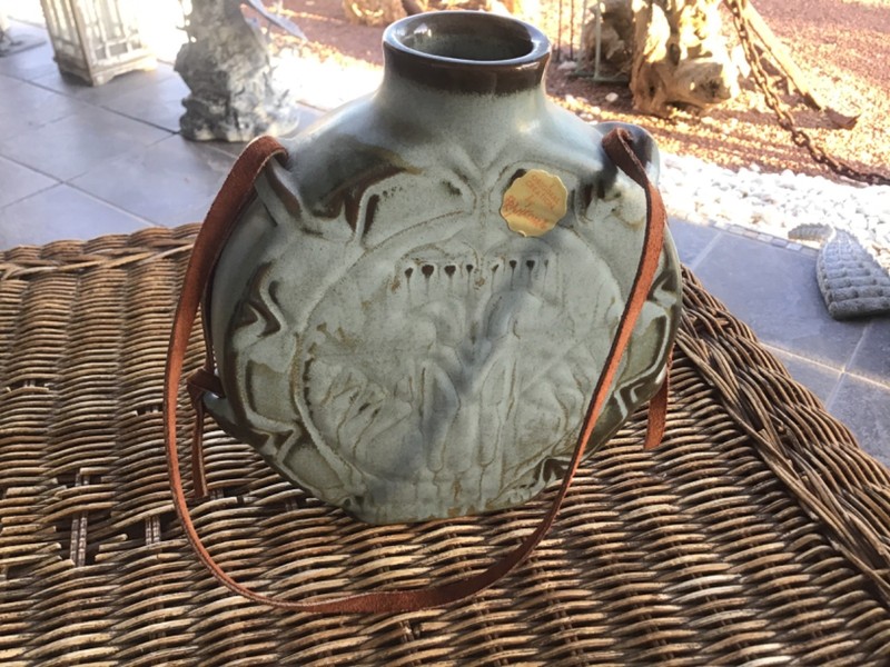VTG.Frankoma Pottery-Thunderbird Canteen W/Leather Strap+Orig. Sticker-Blue Moss