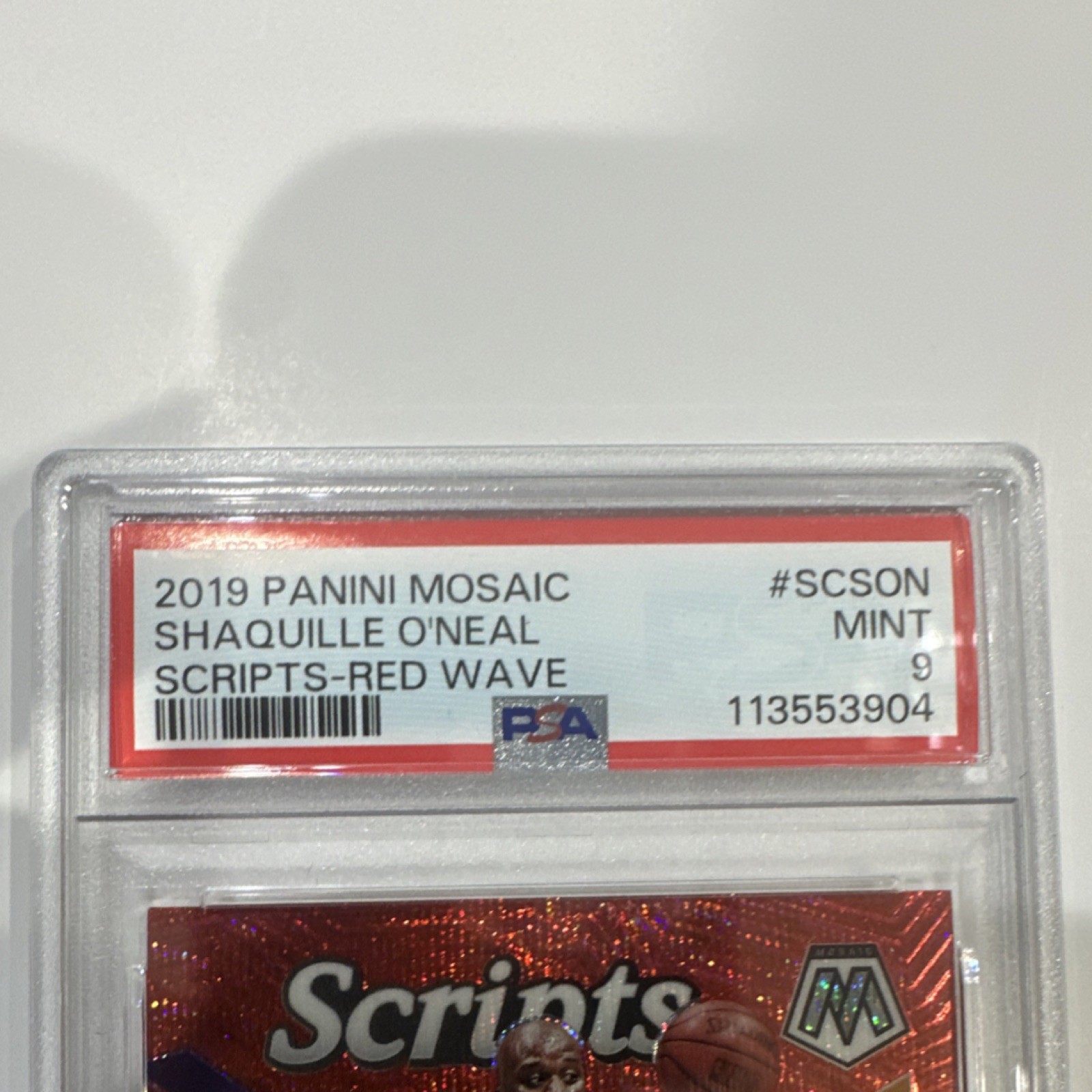 Panini 2019-20 Mosaic Scripts Shaquille O'Neal Red Wave Autograph PSA 9 Lakers view 2