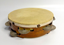 Vintage Tambourine 8  Wood Frame Natural Skin Head Double Row Jingles