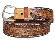 70's Vintage Burnished Tan Tooled  Stamped Leather Western Belt 36 WEAR