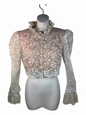 Romantic Cream Lace Blouse Top Pearl Button Ruffle Neck Cropped Bell Sleeve XS