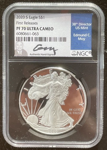 2020-S $1 SILVER AMERICAN EAGLE NGC PF70 First Releases EDMUND C MOY : 06490