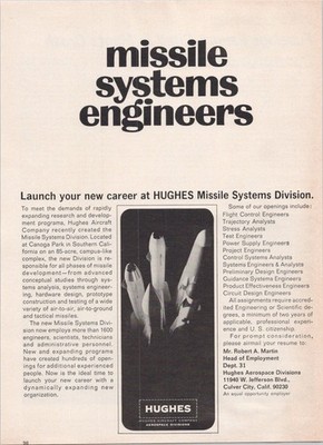 Hughes Missile Systems Engineers 1967 Vintage Print Ad Aerospace Jobs