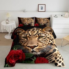 Red Rose Cheetah Bedding Set,Cat Leopard Print Comforter King Multi 03
