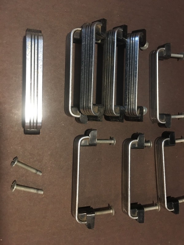 lot of 9 "MCM" drawer/cabinet pulls, Chrome & Black, art deco, 4"X.75", 1940's?