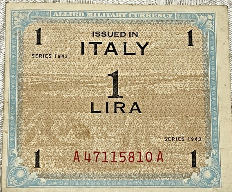 World Paper Money - Italy 1 Lira 1943 Military Payment VF Cond. WW2!