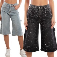 Bermuda Jeans Donna al Ginocchio Strass Pantaloni Denim Vita Alta TOOCOOL LM762