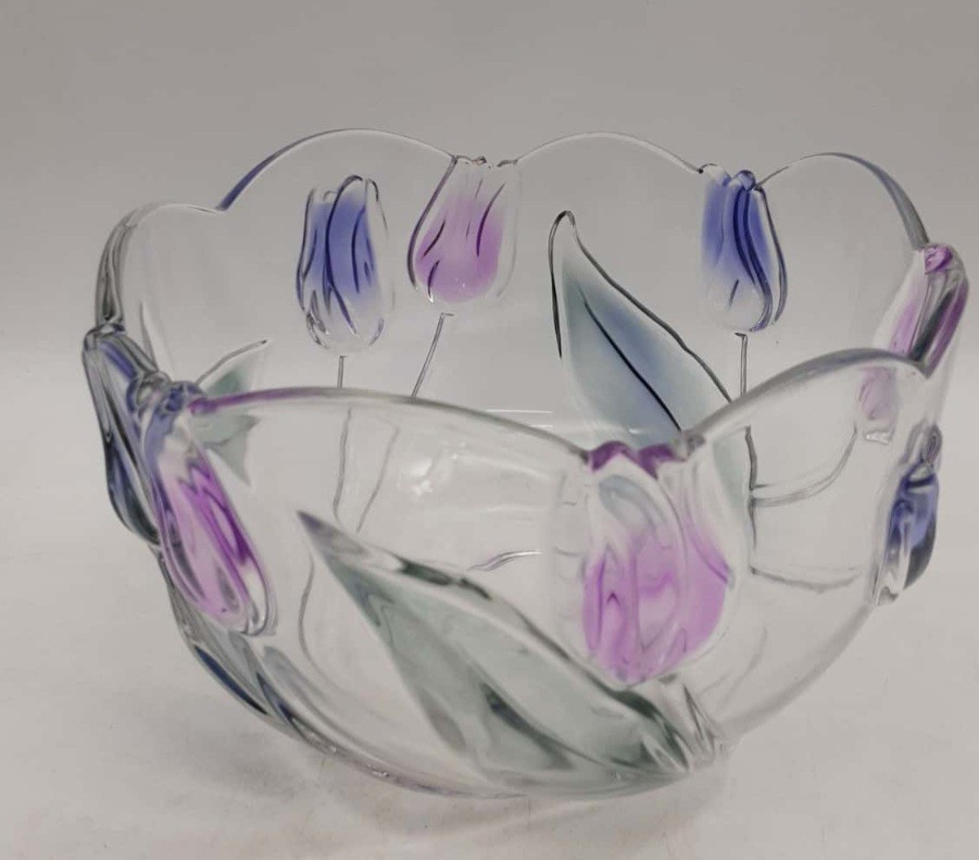 Mikasa Spring Debut Pressed Glass Serving Bowl Purple Tulips Vtg Cottagecore